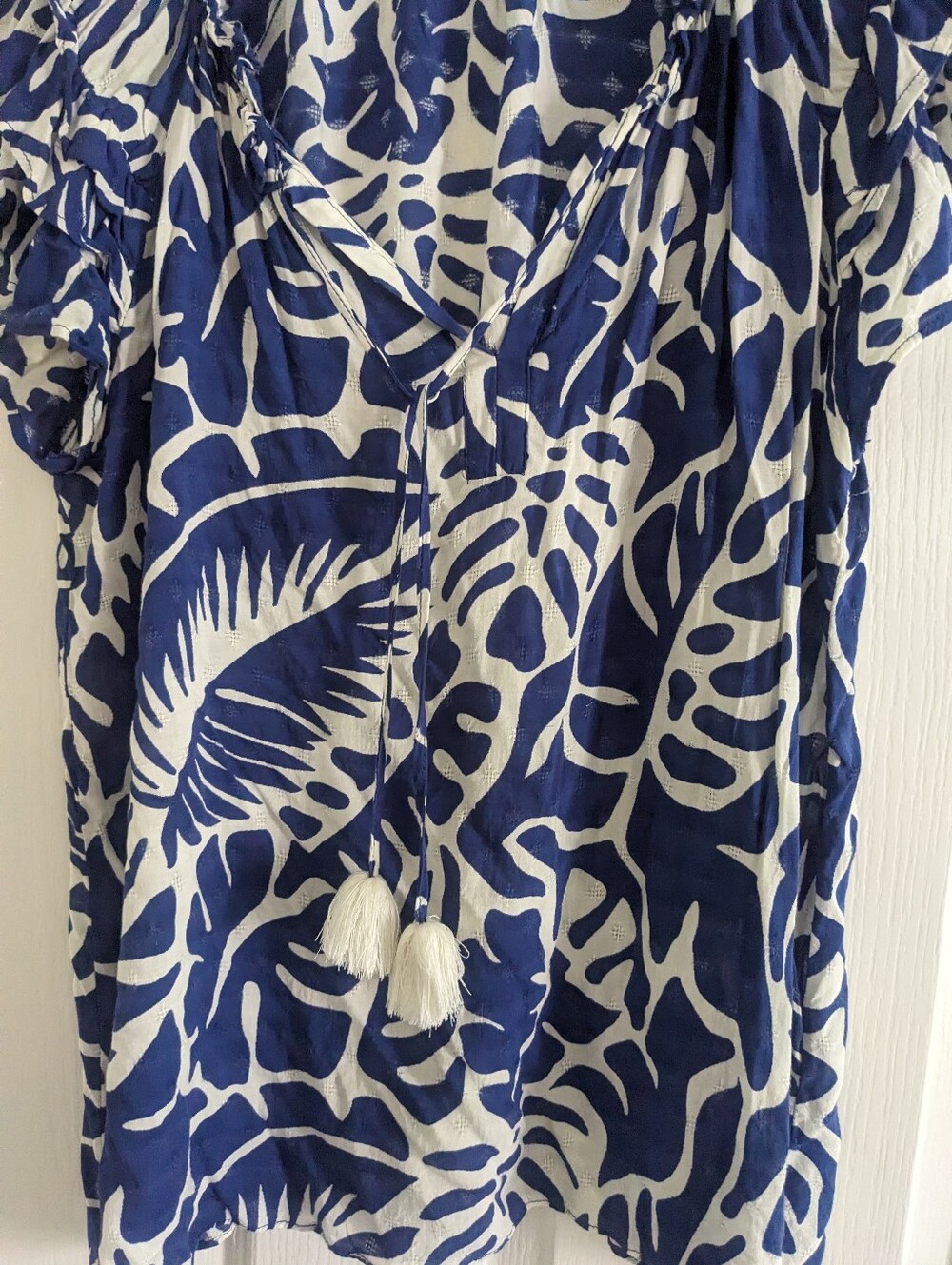 Rose & Olive Navy and White Printed Peasant Blouse with Tassels - Picture 3 of 5